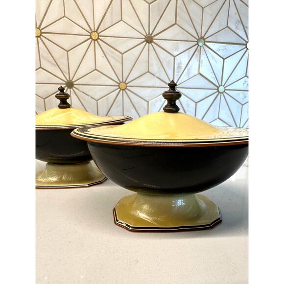Art Deco Celluloid Lidded Pedestal Bowls |‎ Black, Ochre Yellow, Orange Set of 2 - Picture 1 of 8